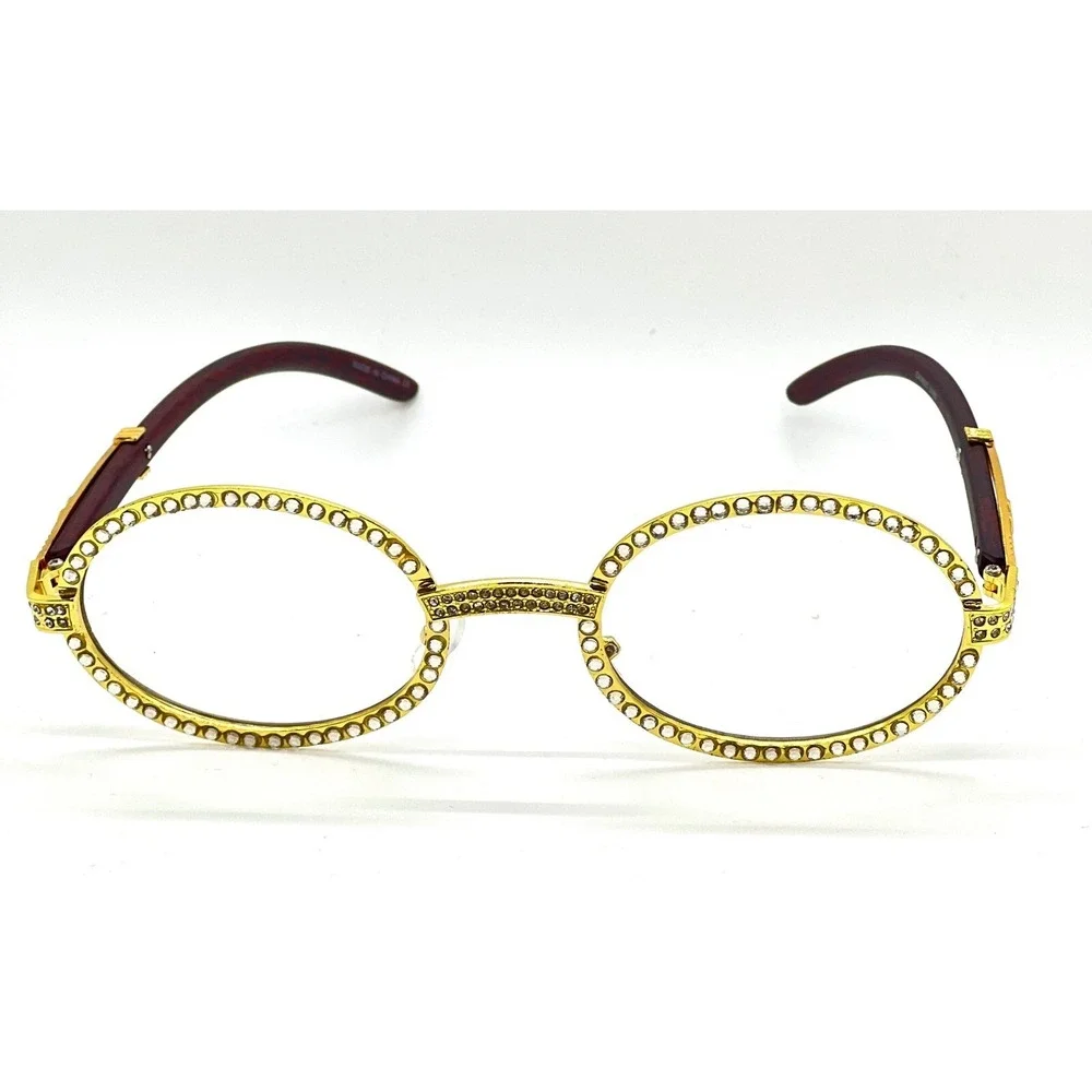 Rhinestone Glasses Oval Clear‎ Lens Gold Frame Wood Arm Fashion Eyewear Lentes